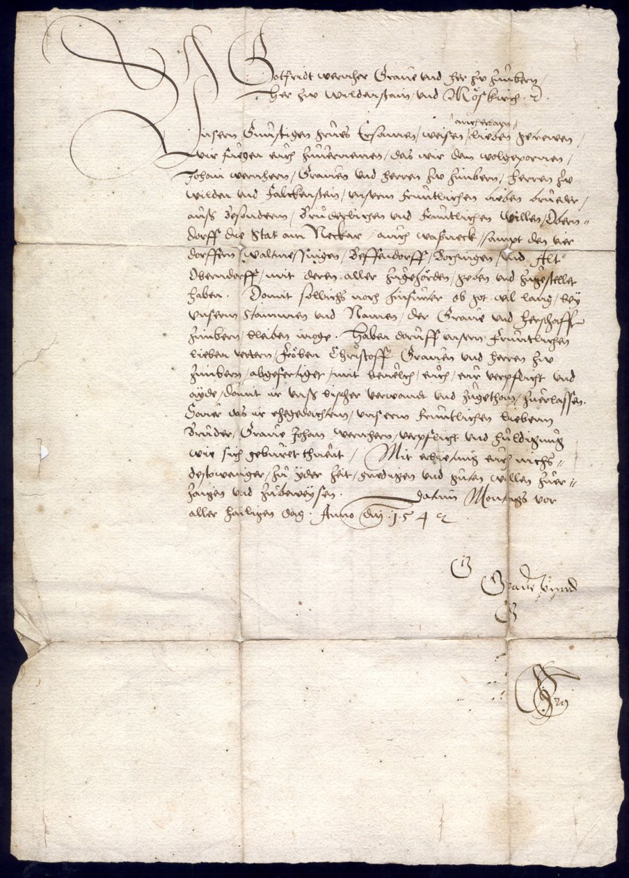 Schreiben des Grafen Gottfried Werner von Zimmern an Schultheiß, Bürgermeister, Rat und Gemeinde der Stadt Oberndorf und Schultheißen, Richter und Gemeinden der Dörfer Waldmössingen, Beffendorf, Bochingen und Altoberndorf, 30. lokakuuta 1542; Kreisarchiv R tekijältä Gottfried Werner von Zimmern