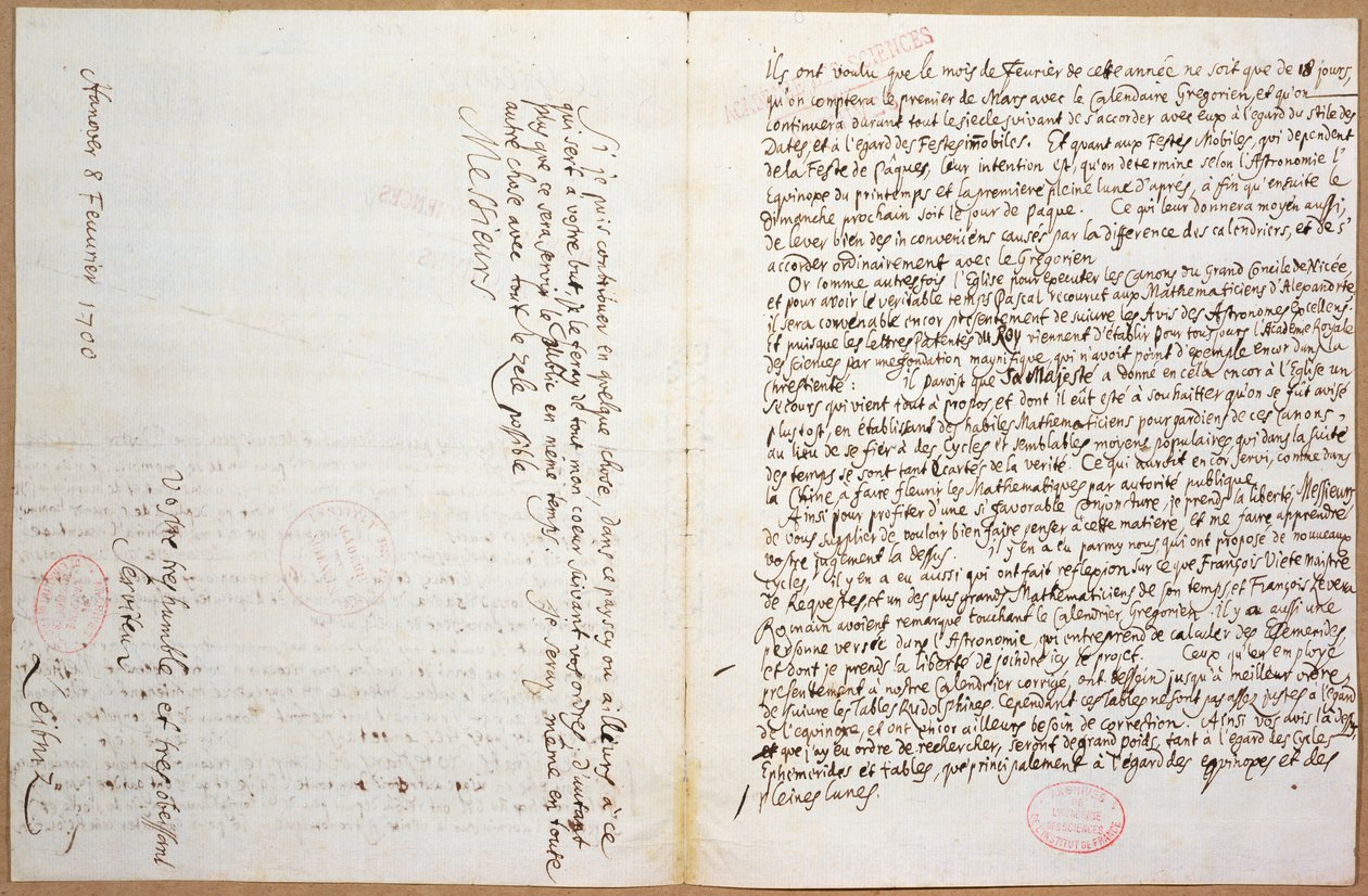 Leibnizin kirjoittaman kirjeen viimeiset sivut hänen pääsystään "Academie des Sciences" -kouluun Pariisissa, 8. helmikuuta 1700 tekijältä Gottfried Wilhelm Leibniz