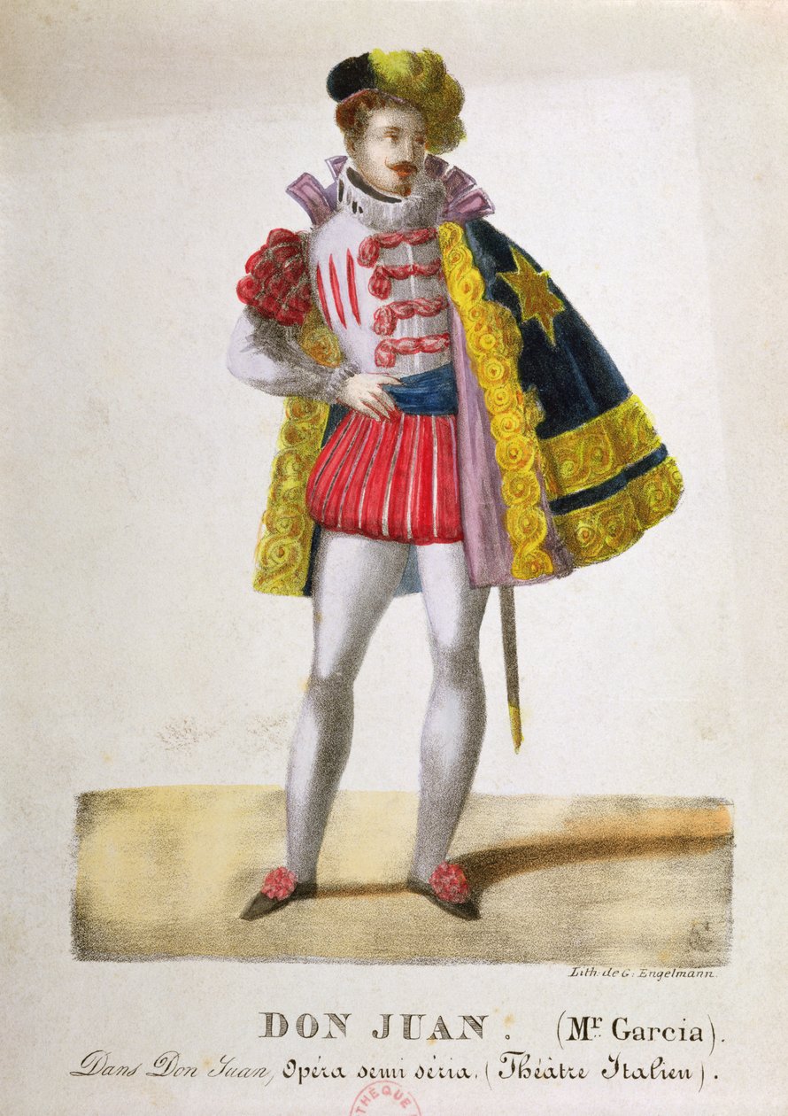 Puku Monsieur Garcialle Don Juanin roolissa Wolfgang Amadeus Mozartin (1756-91) Don Giovanni -oopperassa, n. 1830 tekijältä Gottfried or Godefroy Engelmann