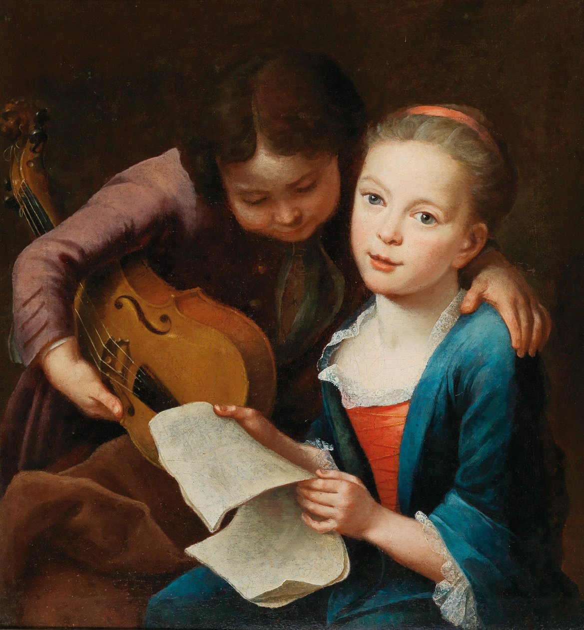 Pari lasta soittamassa musiikkia, 1746. tekijältä Gottfried Eichler the Elder