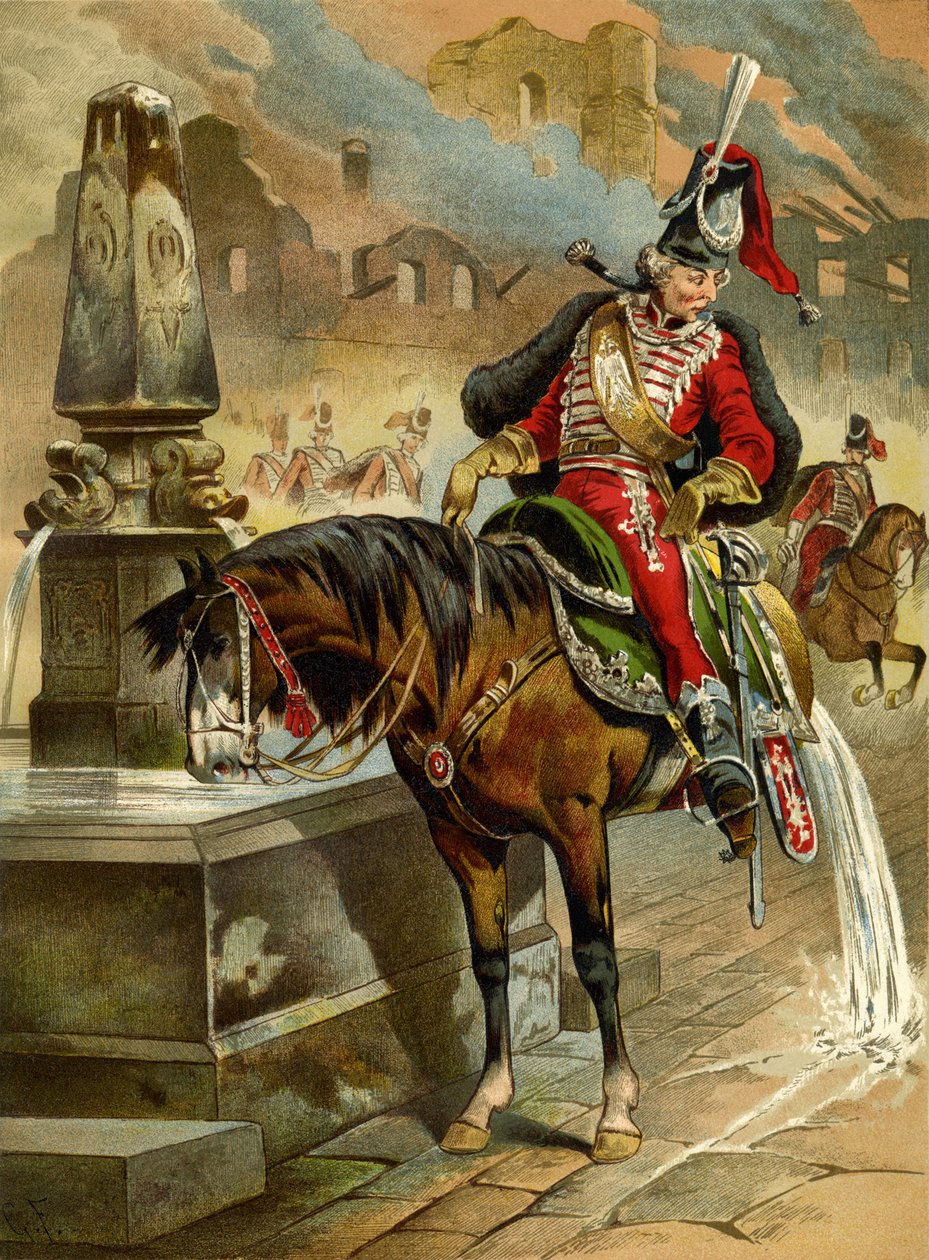 Kuvitus Rudolph Erich Raspen kirjaan Paroni Münchhausenin yllättävät seikkailut, 1896 tekijältä Gottfried Franz