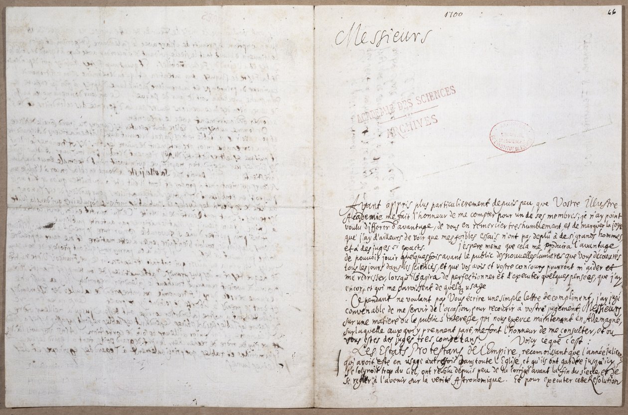 Ensimmäinen sivu kirjeestä, jonka Leibniz kirjoitti hänen pääsystään Academie des Sciences -akatemiaan Pariisissa, 8. helmikuuta 1700 tekijältä Gottfried Wilhelm Leibniz