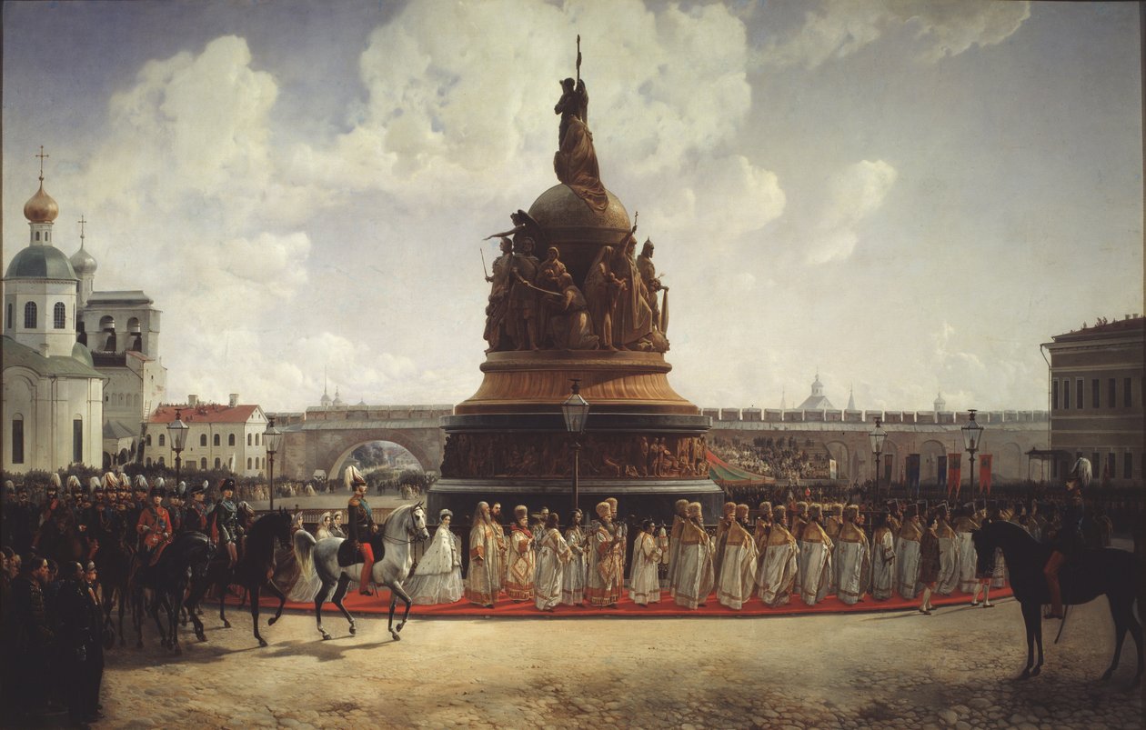 Venäjän tuhatvuotisjuhlan muistomerkin vihkiminen Novgorodissa 1862, 1864 tekijältä Gottfried Willewalde