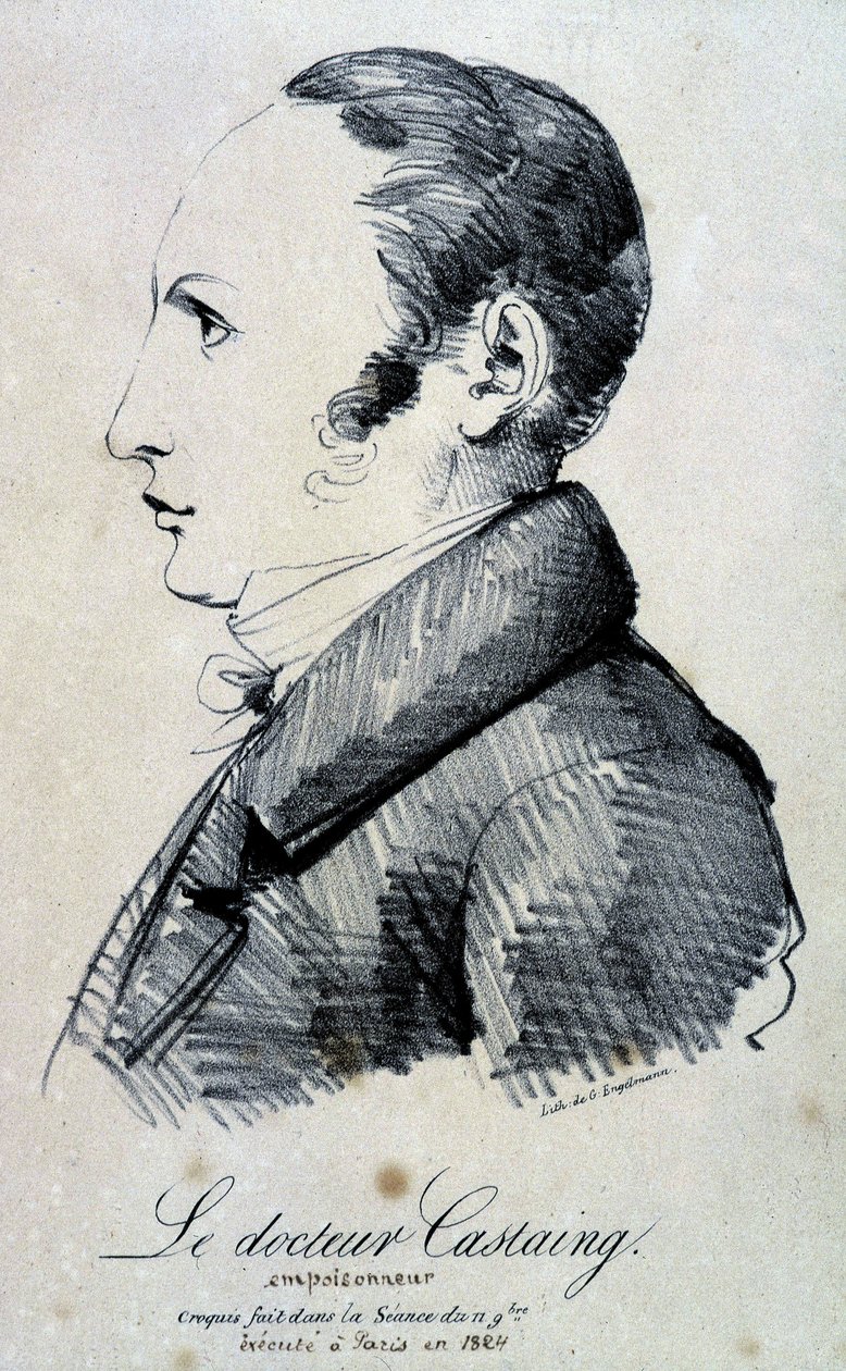 Muotokuva tohtori Castaingista, myrkyttäjästä. Hän käytti morfiinisuolaa, hydrokloridia tappaakseen ystävänsä Hippolyte Balletin vuonna 1823. Se teloitettiin Pariisissa vuonna 1824. Engelmannin litografia 11. marraskuuta tehdystä luonnoksesta. tekijältä Gottfried or Godefroy Engelmann