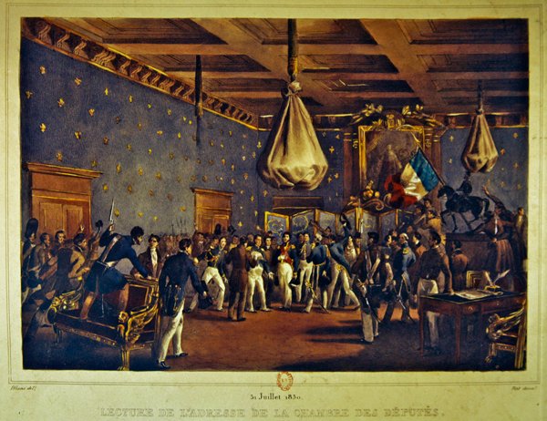Edustajakamarin puheen lukeminen Hotel de Villessa, Pariisissa 31. heinäkuuta 1830 (värilitho) tekijältä Gottfried or Godefroy Engelmann