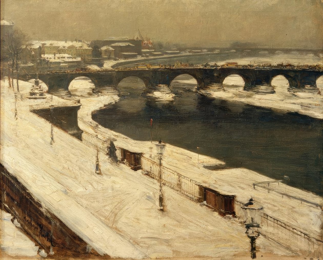 Elbe und Augustusbrücke im Winter tekijältä Gotthardt Johann Kuehl
