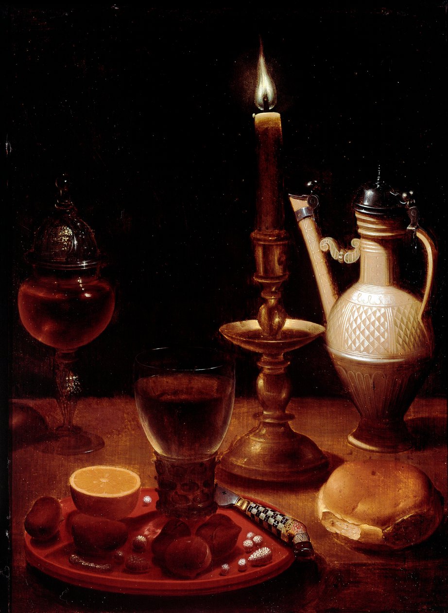 Gotthardtin asetelma kynttilän, viinilasillisen ja appelsiinin kanssa, Wedig (Gottfried Von Wedig) (1583-1641) Paris, Musee du Louvre tekijältä Gotthardt von Wedig
