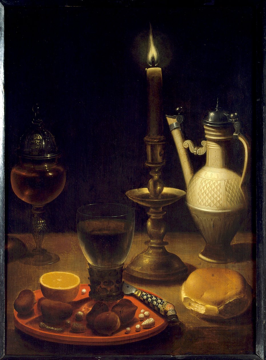 Asetelma kynttilänvalossa Wedigin Gotthardtin maalaus (Gottfried Von Wedig) (1583-1641) tekijältä Gotthardt von Wedig