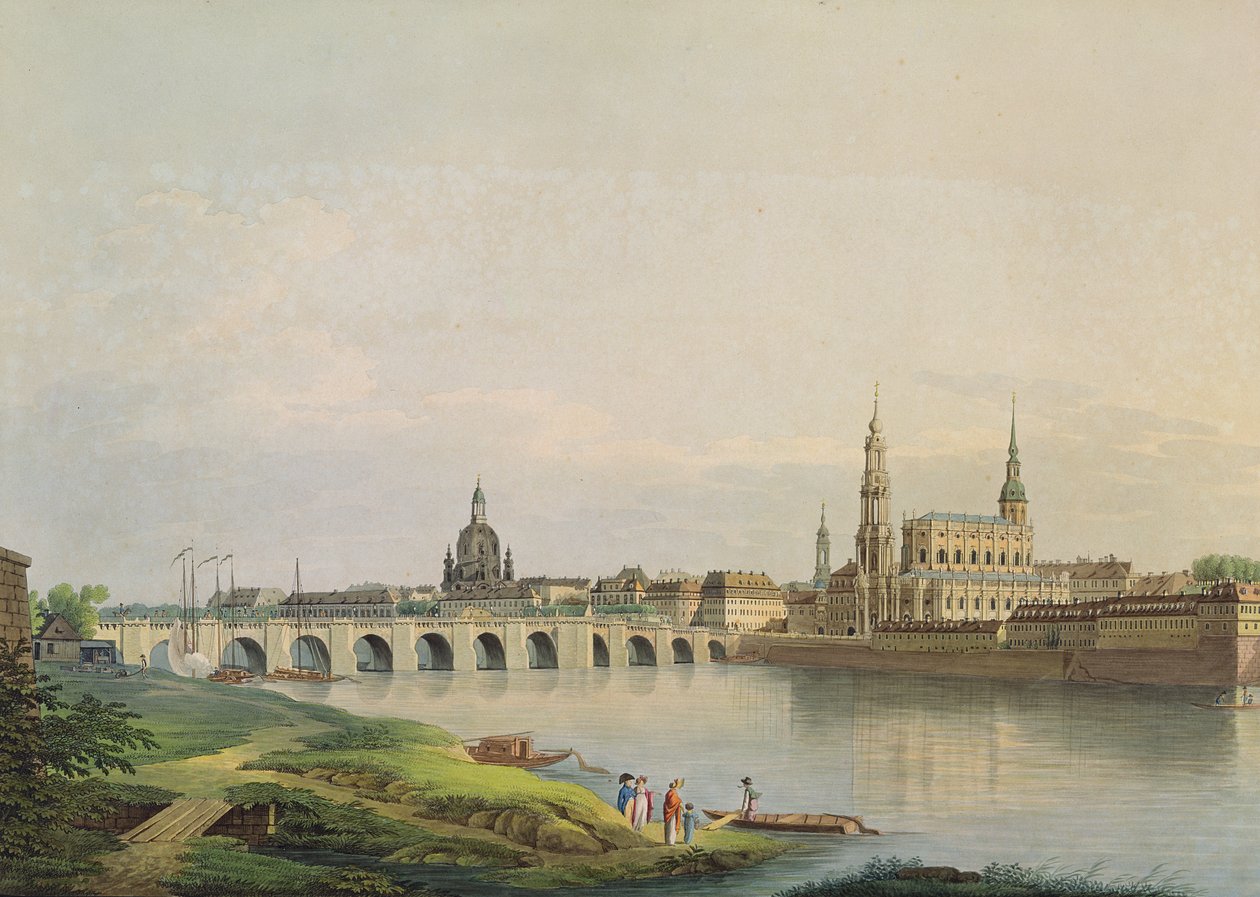 Näkymä Dresdeniin uuden kaupungin länsiosasta (Frauenkirche, protestanttinen kirkko, Augustuksen silta ja katedraali) Christian Gottlob Hammerin (1779-1864) kaiverruksella (värikaiverrus) tekijältä Gottlob Thormeyer or Thormeier