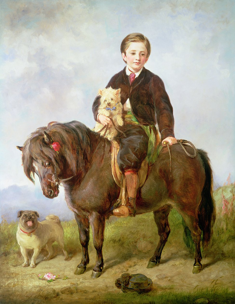 John Samuel Bradford poikana istumassa shetlanninponin selässä mopsikoiran kanssa, 1800-luku tekijältä Gourlay Steel