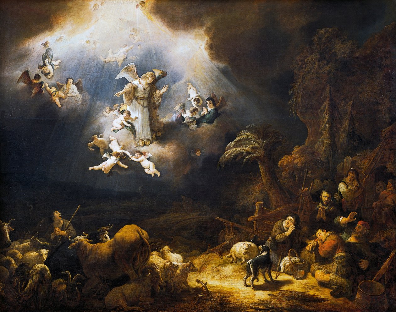 Enkelit ilmoittavat paimenille Kristuksen syntymästä. tekijältä Govaert Flinck