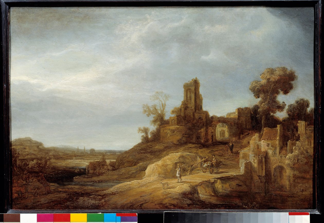 Maisema sillalla ja raunioilla Govaert Flinkin maalaus (1615/1616-1660) 1637 Su. 0,49x0,75 m tekijältä Govaert Flinck