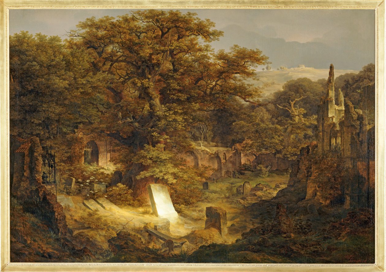 Maisema, jossa on hautakivi ja rauniot ... tekijältä Govaert Flinck