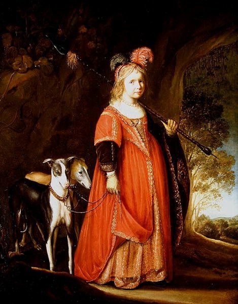 Nuoren tytön muotokuva Diana, glade kahden vinttikoiran kanssa tekijältä Govaert Flinck