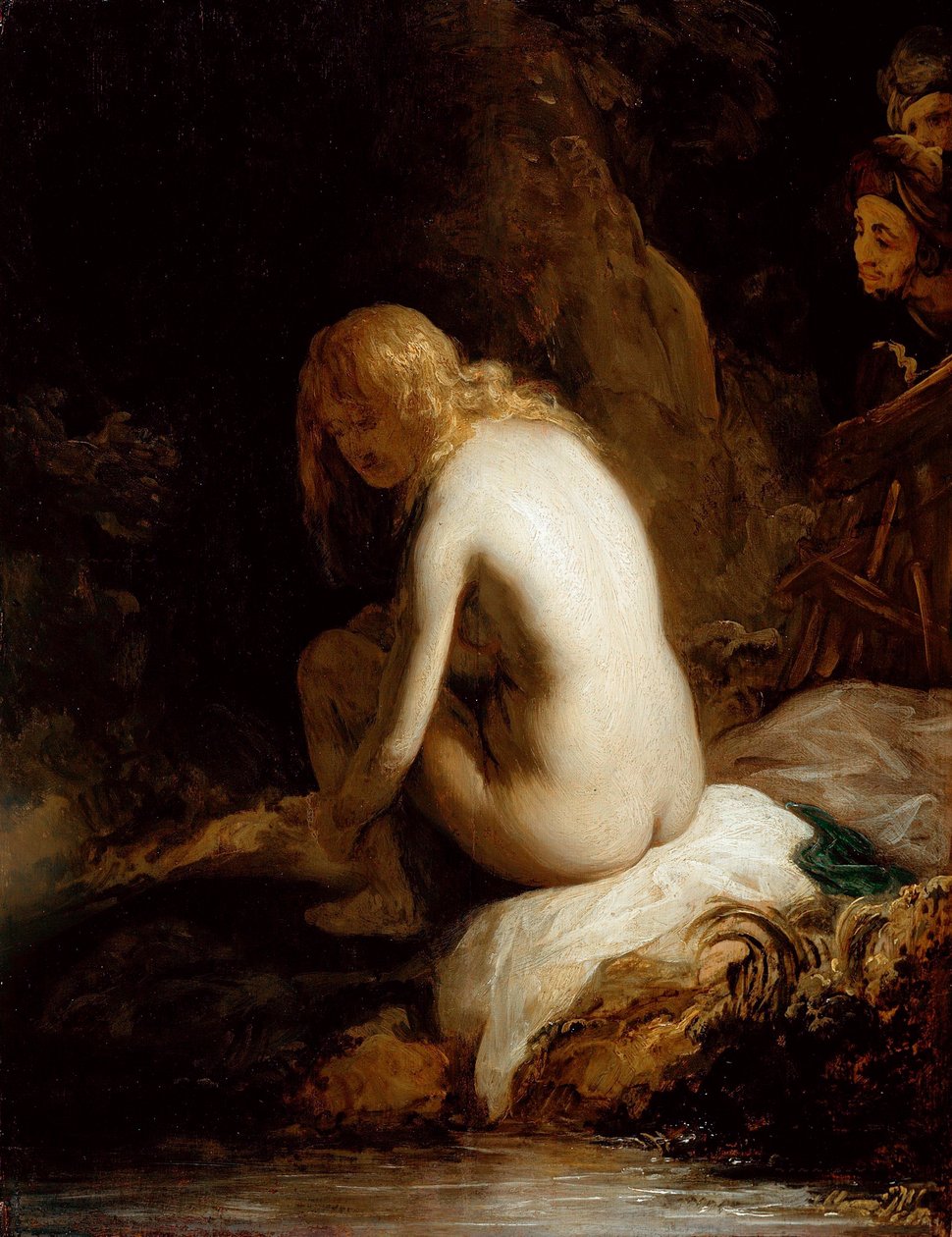 "Susanna ja vanhimmat" (Susanna ja vanhimmat) Govaert (Govert) Flinckin maalaus (1615-1660) Öljy puulle Koko 49,6x37,8 cm Staatliche Museen, Berliini tekijältä Govaert Flinck