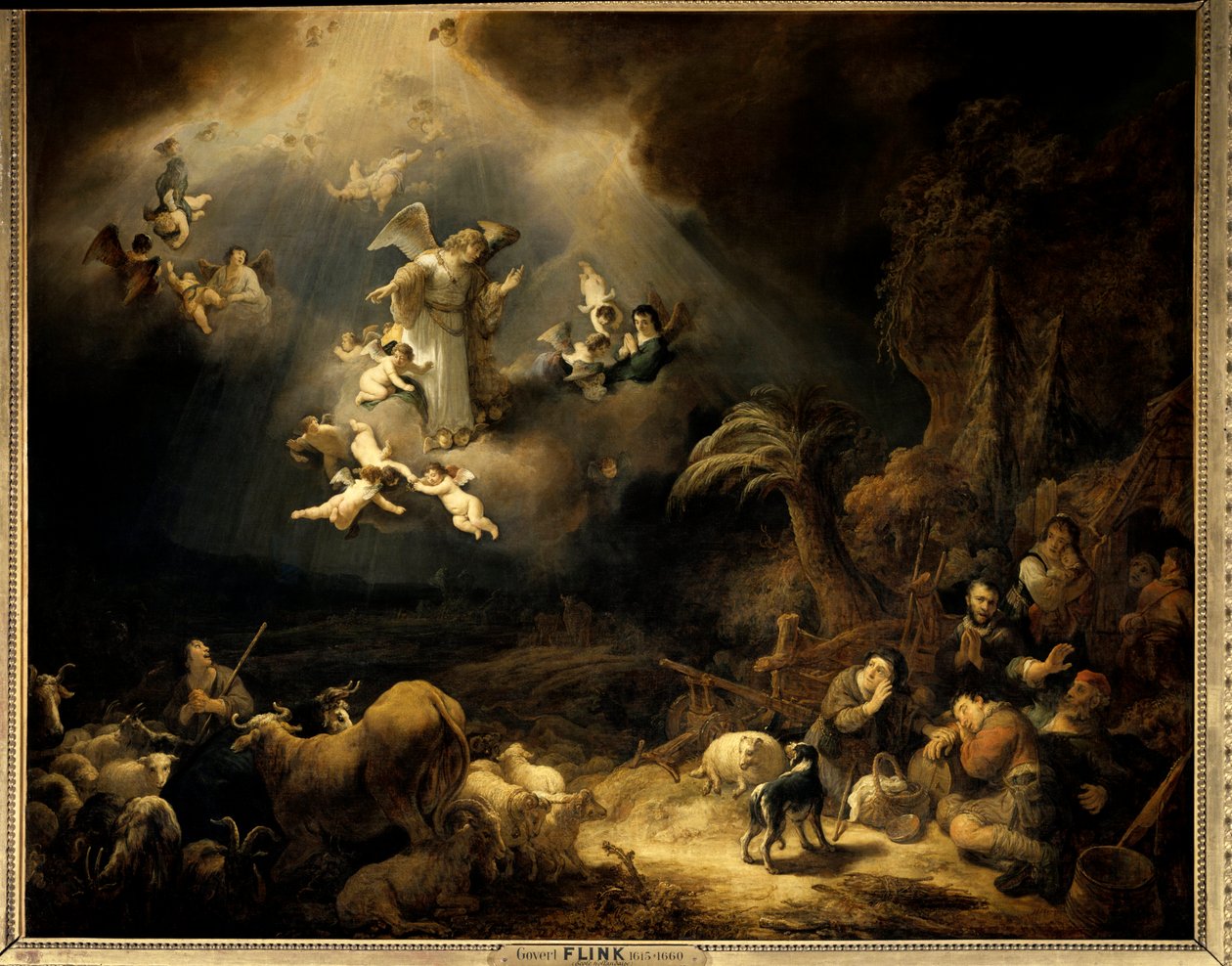 Ilmoitus paimenille Govaert Flinkin (1615-1660) maalaus (ec.flam.) 1639 su. 1,6x1,96 m Pariisi, Musee du Louvre. tekijältä Govaert Flinck