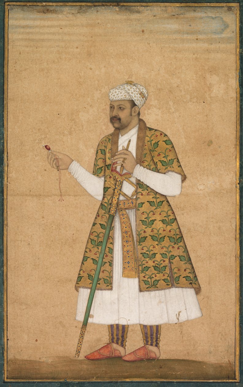 Hovimies, mahdollisesti Khan Alam, kädessään Spinelli ja Deccan-miekka, n. 1605-1610. tekijältä Govardhan