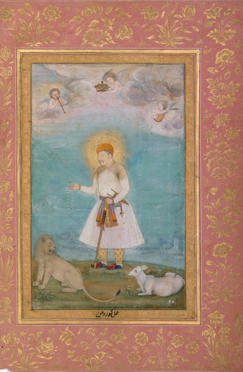 Akbar Leijonan ja vasikan kanssa, Folio Shah Jahan -albumista, toisinto: n. 1630, recto: n. 1530-50 tekijältä Govardhan