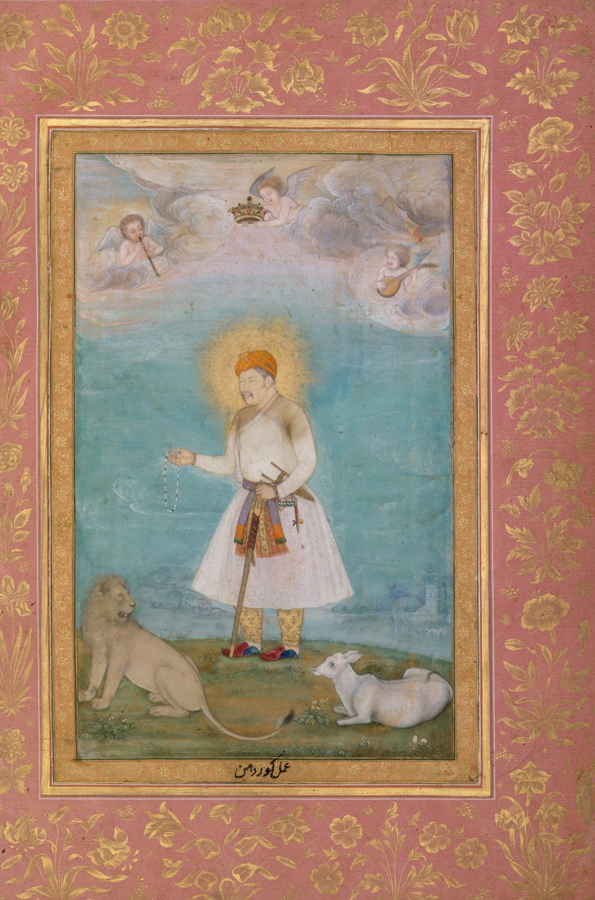 Akbar leijonan ja vasikan kanssa, n. 1630 tekijältä Govardhan
