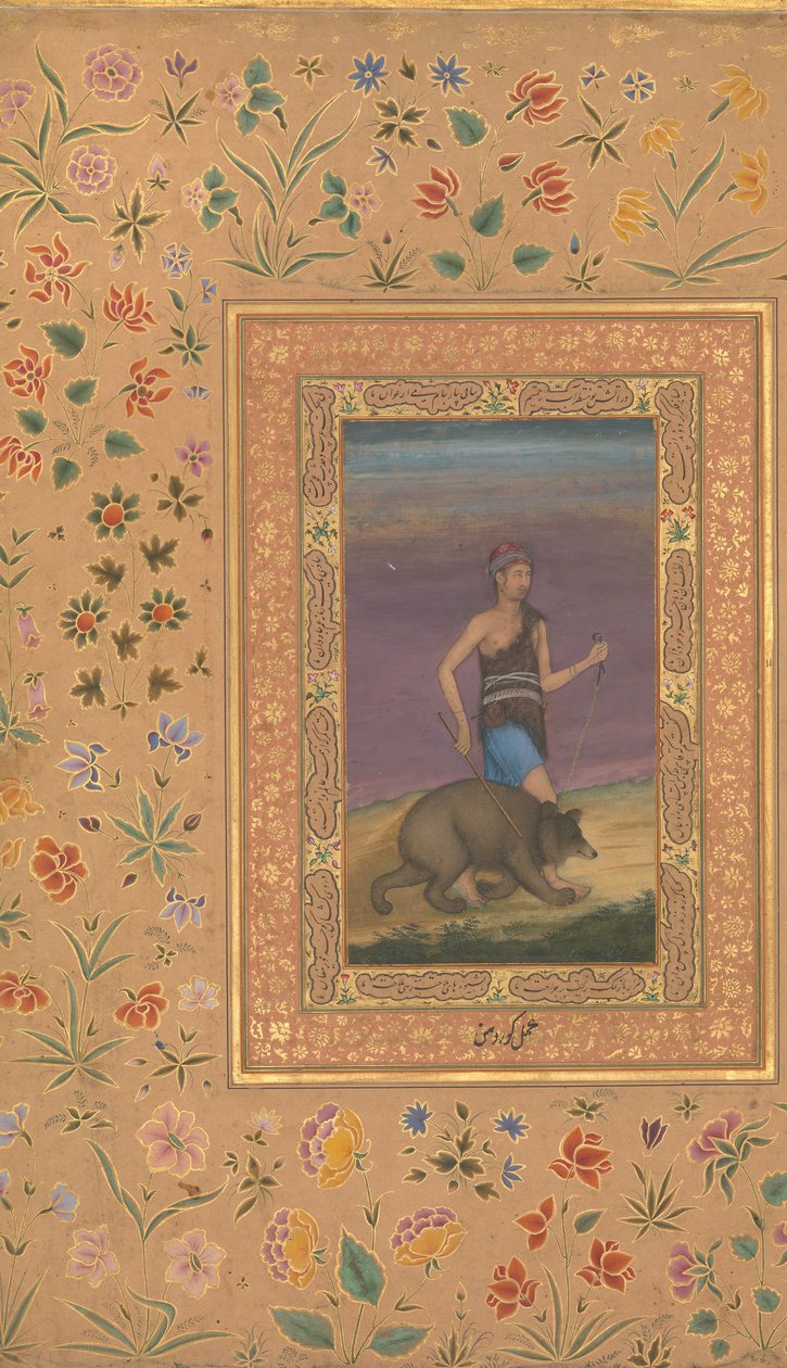 Dervish Leading a Bear, Folio Shah Jahan -albumista, rekto: n. 1630-40, toisinto: n. 1530-40 tekijältä Govardhan
