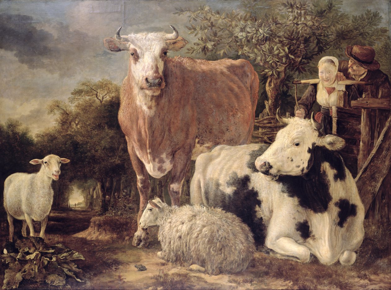 Paimen ja paimennainen karjan kanssa, n. 1647 tekijältä Govert Dircksz. Camphuysen