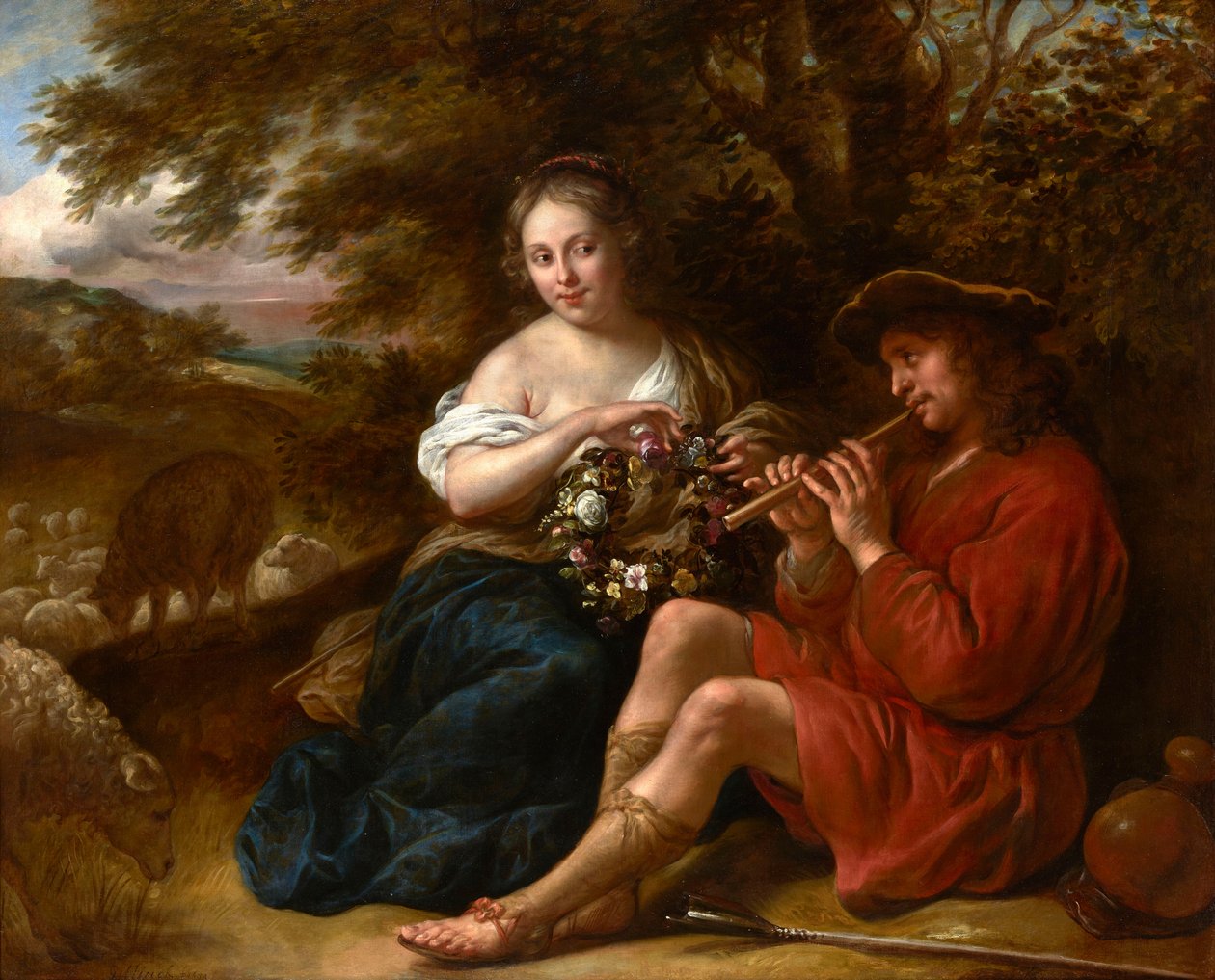 hollantilainen: Shepherdess listening to a Shepherd playing the flute in an Arcadian Landscape Elegantti Shepherdess Listening to a Shepherd Playing the Recorder in an Arcadian Landscape (Paimentyttö kuuntelee huilua soittavaa paimenta arkadianmaisemassa) tekijältä Govert Flinck