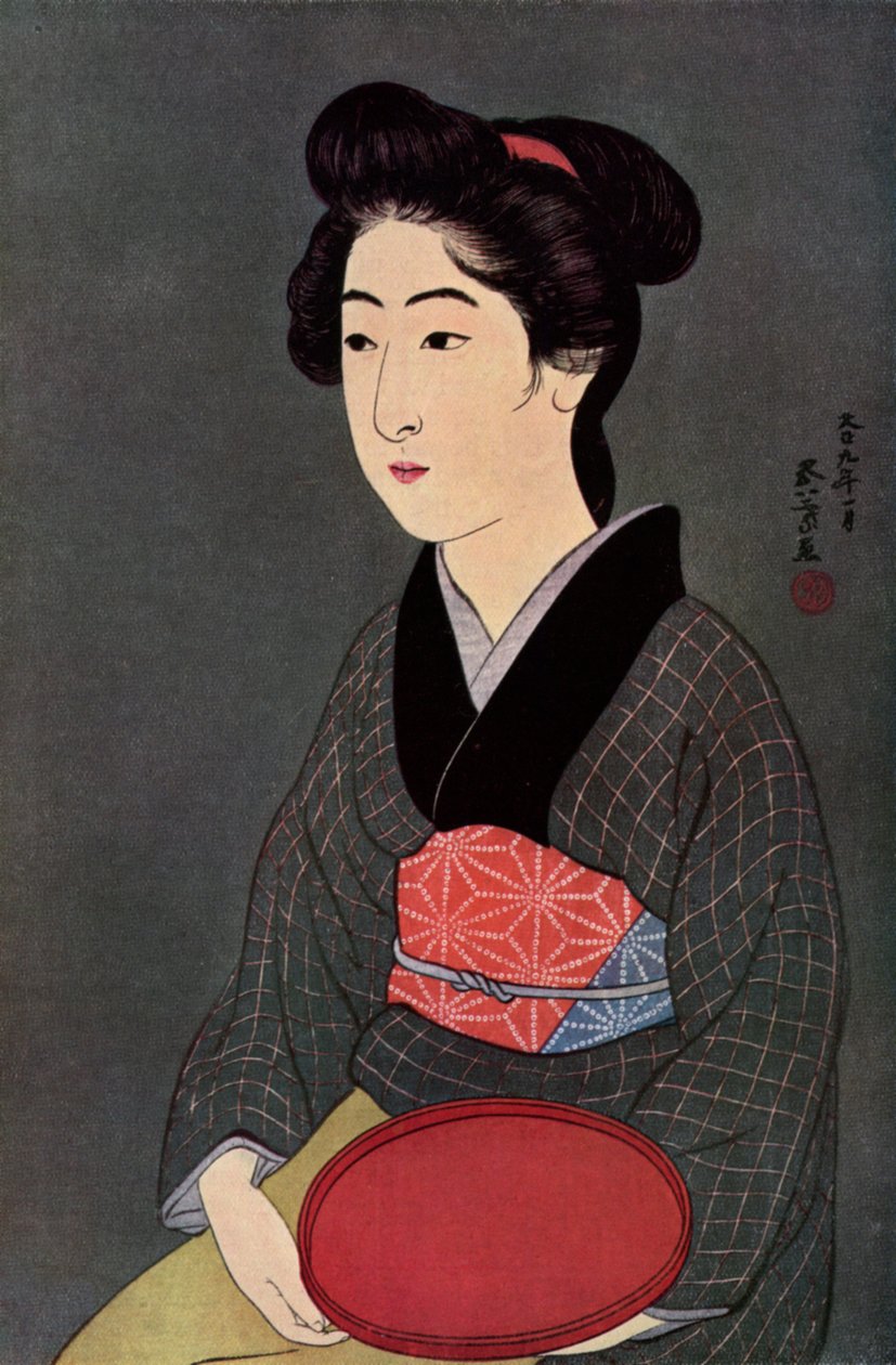 Japanilainen tarjoilija tarjottimella, 1920 1930. tekijältä Goyo Hashiguchi