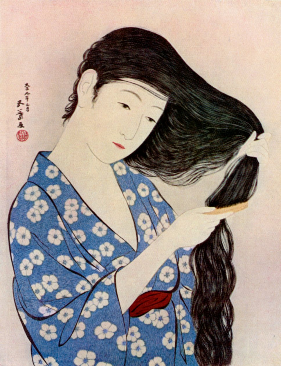 Hiuksiaan kampaava japanilainen nainen, 1920 1930. tekijältä Goyo Hashiguchi