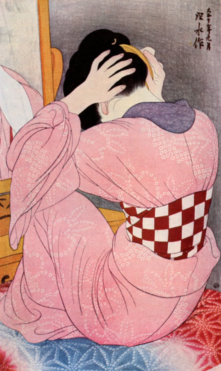 Japanilainen nainen pukemassa hiuksiaan, 1920-luku 1930. tekijältä Goyo Hashiguchi