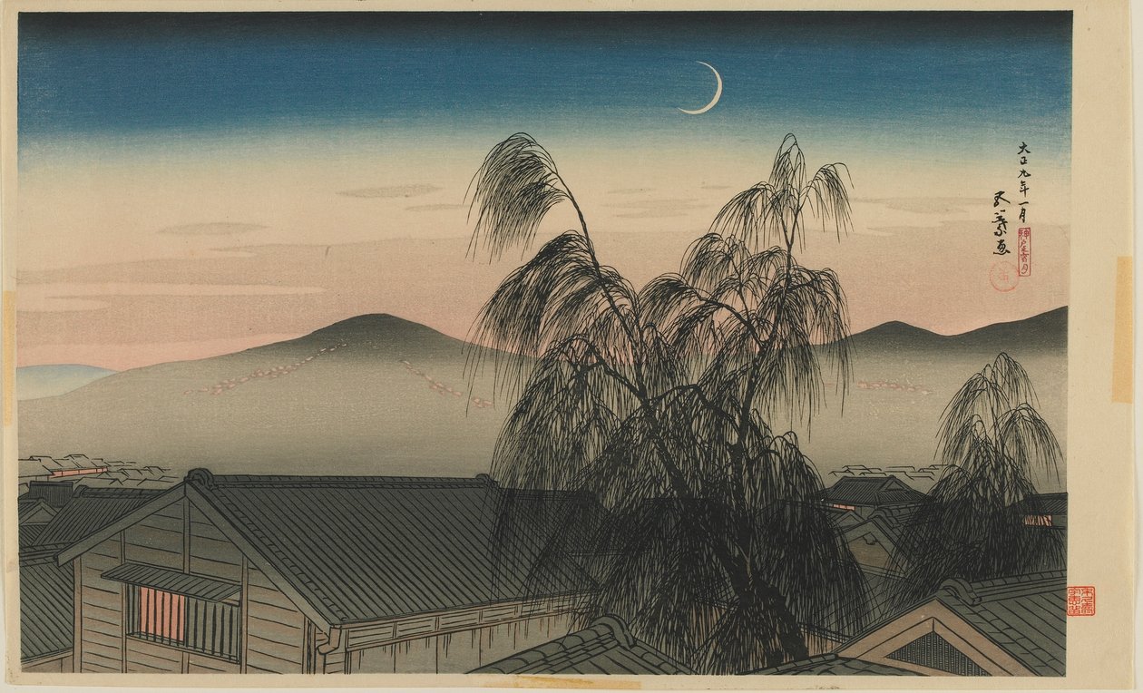 Iltakuu Kobessa (Kobe no yoizuki) Taisho-aika, tammikuu 1920 (värillinen puupainatus) tekijältä Goyo Hashiguchi