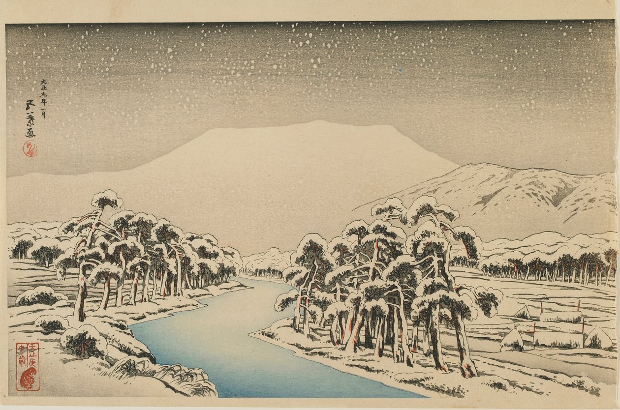 Mount Ibuki lumessa, Taisho-aika, tammikuu 1920 (värillinen puupainatus) tekijältä Goyo Hashiguchi