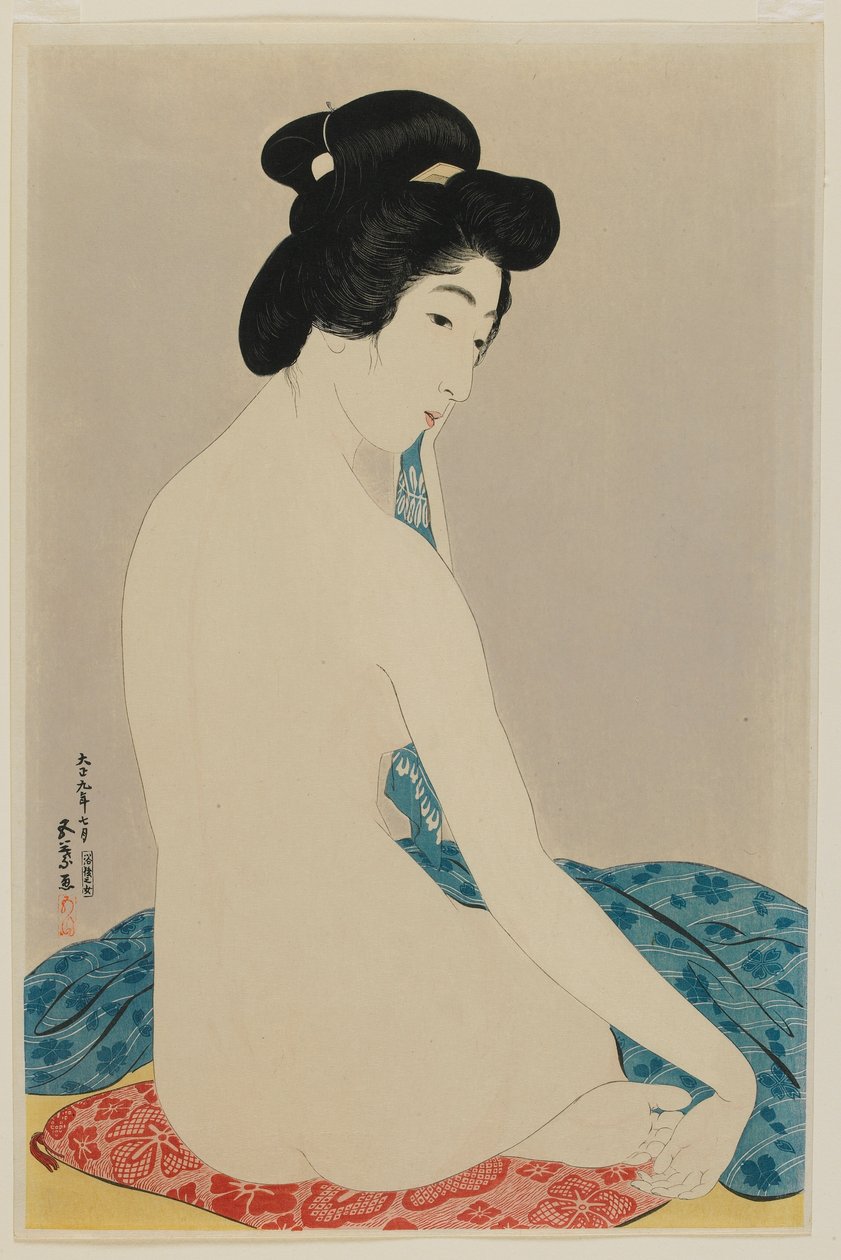 Nainen kylvyn jälkeen, Taisho-aika, heinäkuu 1920 (värillinen puupainatus) tekijältä Goyo Hashiguchi