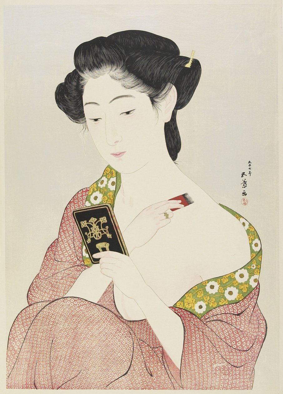 Nainen meikkaamassa, 1918 tekijältä Goyo Hashiguchi