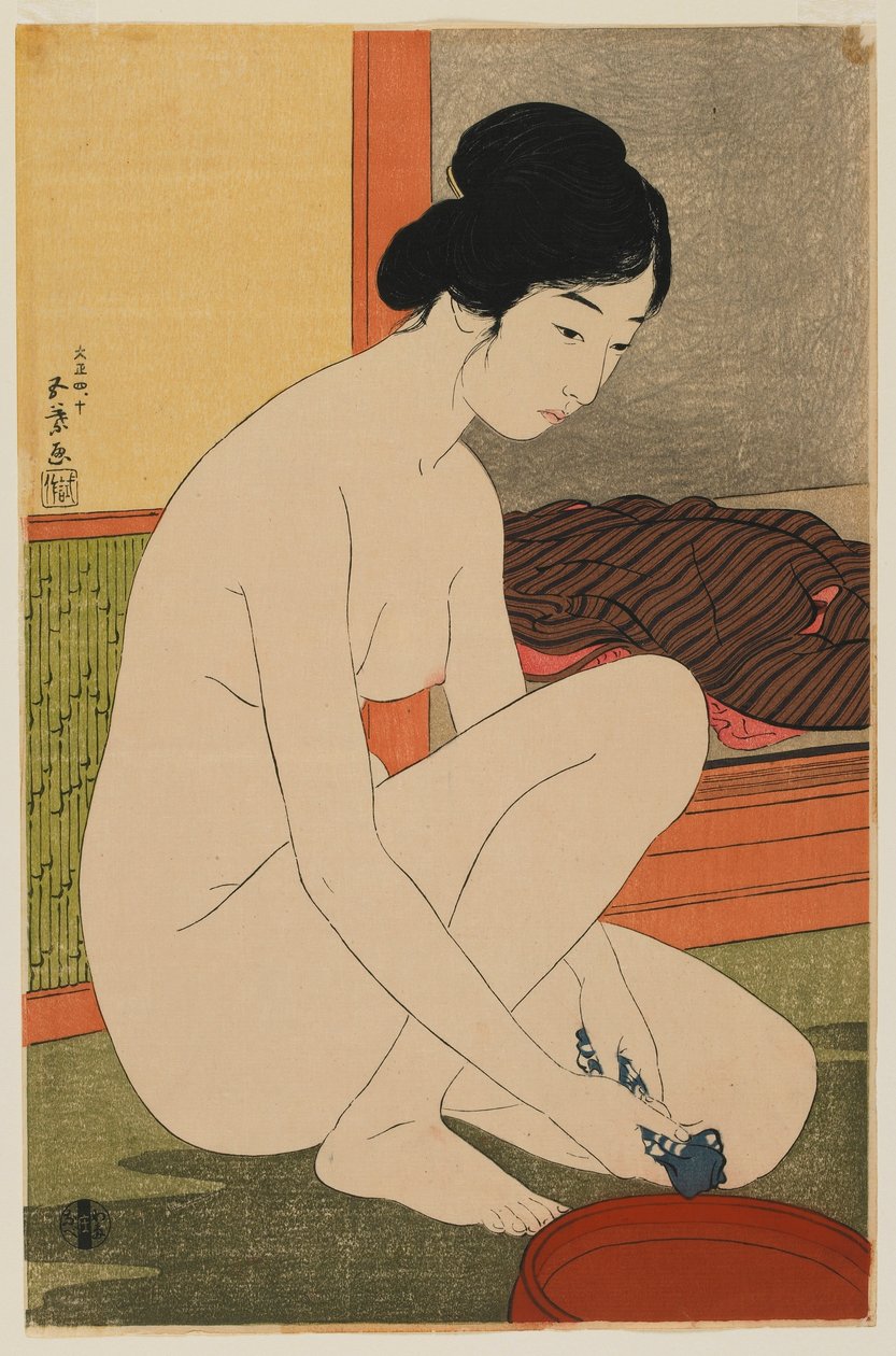 Woman Bathing, Taisho-aika, lokakuu 1915 (värillinen puupainatus) tekijältä Goyo Hashiguchi