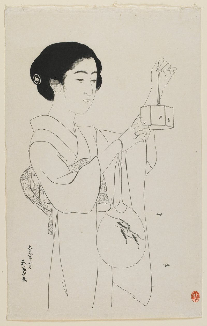 Nainen pitelee tulikärpäshäkkiä, Taisho-aikakausi, heinäkuu 1920 (puupiirros) (puupiirros) tekijältä Goyo Hashiguchi