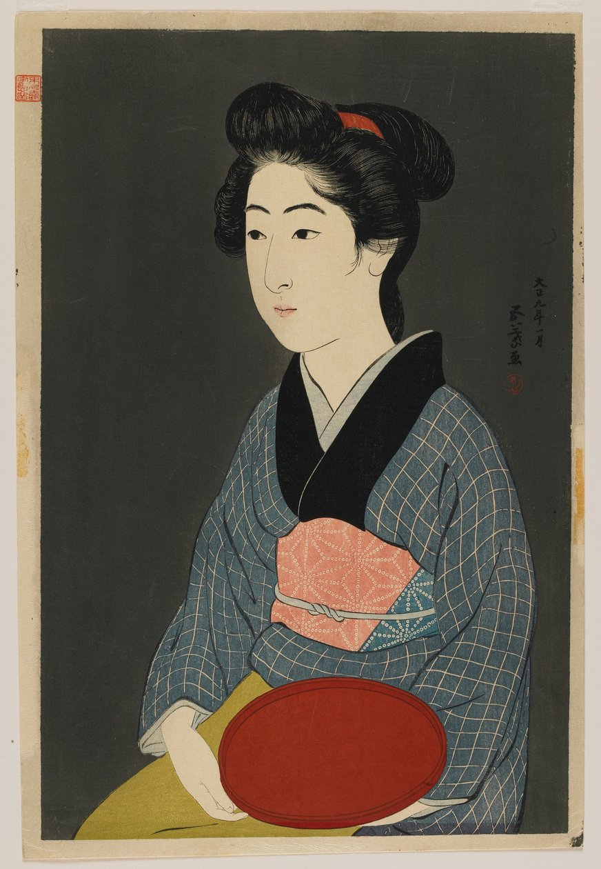 Nainen pitelee tarjotinta, Taisho-aika, tammikuu 1920 (värillinen puupainatus) tekijältä Goyo Hashiguchi