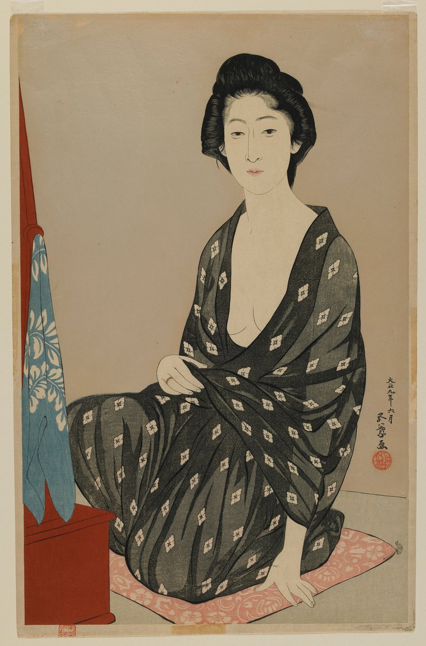 Nainen kesämekossa, Taisho-aika, kesäkuu 1920 (värillinen puupainatus) tekijältä Goyo Hashiguchi
