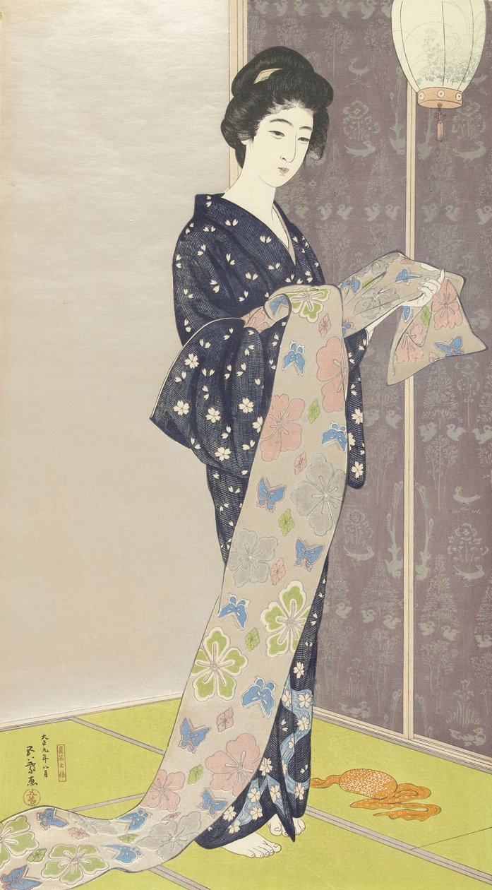 Nuori nainen kesäkimonossa, 1920 (värillinen puupiirros) tekijältä Goyo Hashiguchi