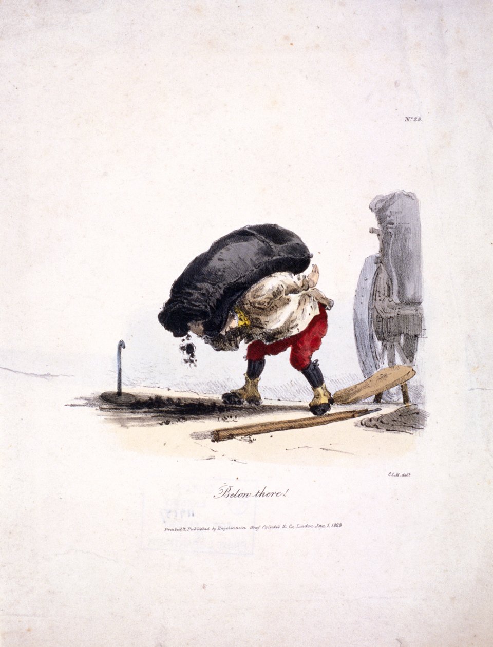 Näkymä hiilimiehestä, joka ottaa raskaan hiilisäkin kärryistään, 1828 tekijältä Graf Engelmann Coindet and Company