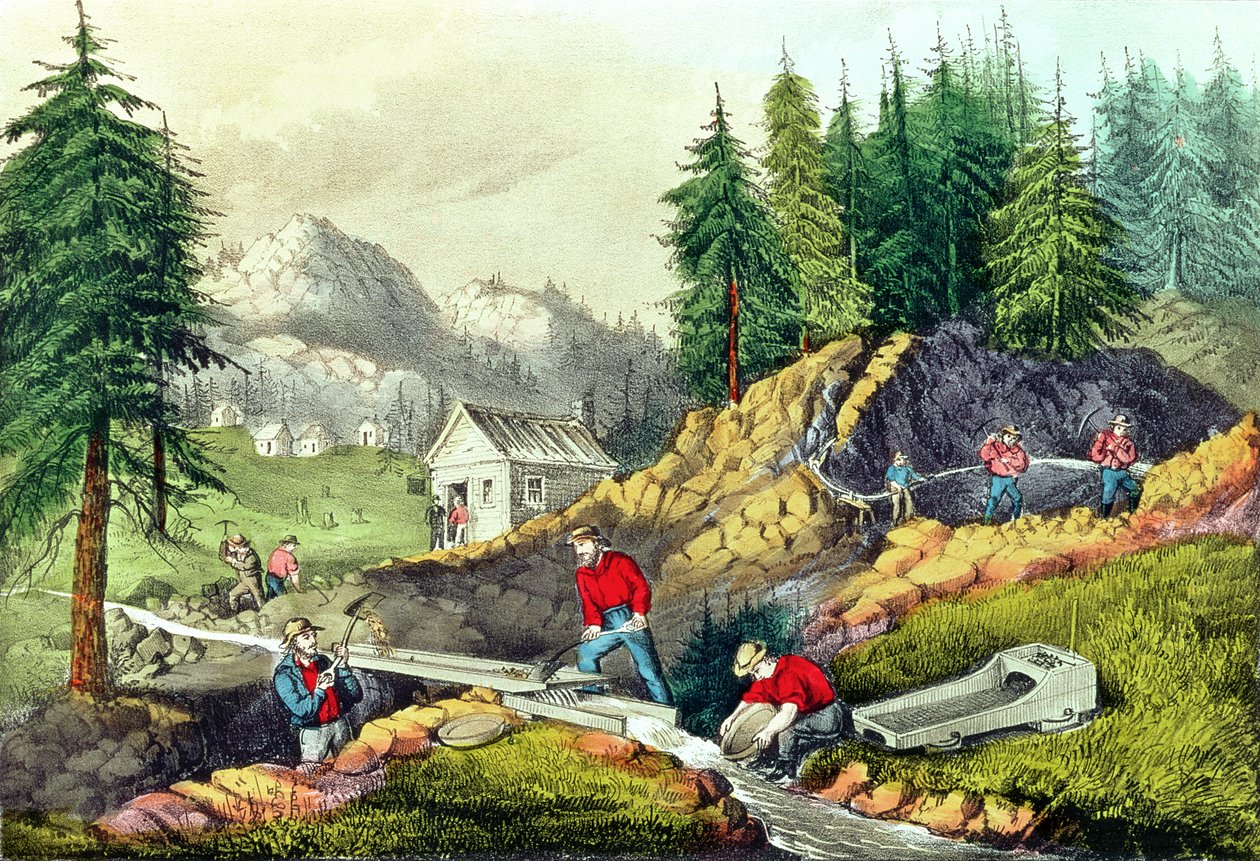 Gold Mining in California, julkaisija Currier und Ives, 1861 (katso myös 166069 ja 32910) tekijältä Grafton Tyler Brown