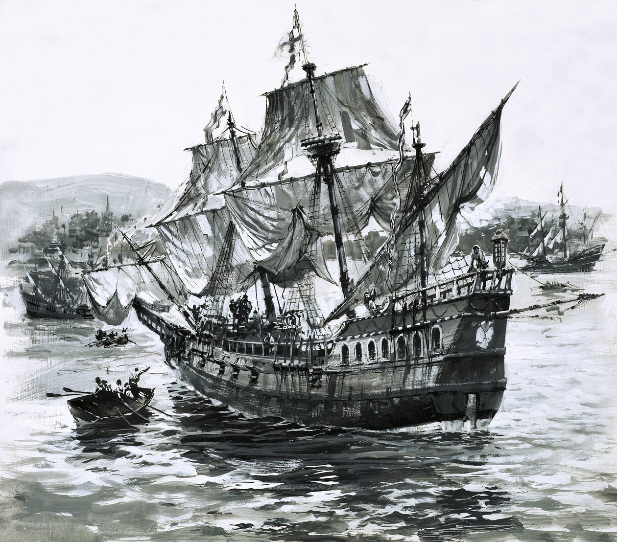 Draken laiva Golden Hind nilkuttaa takaisin Portsmouthiin mukanaan valtavia rikkauksia. tekijältä Graham Coton