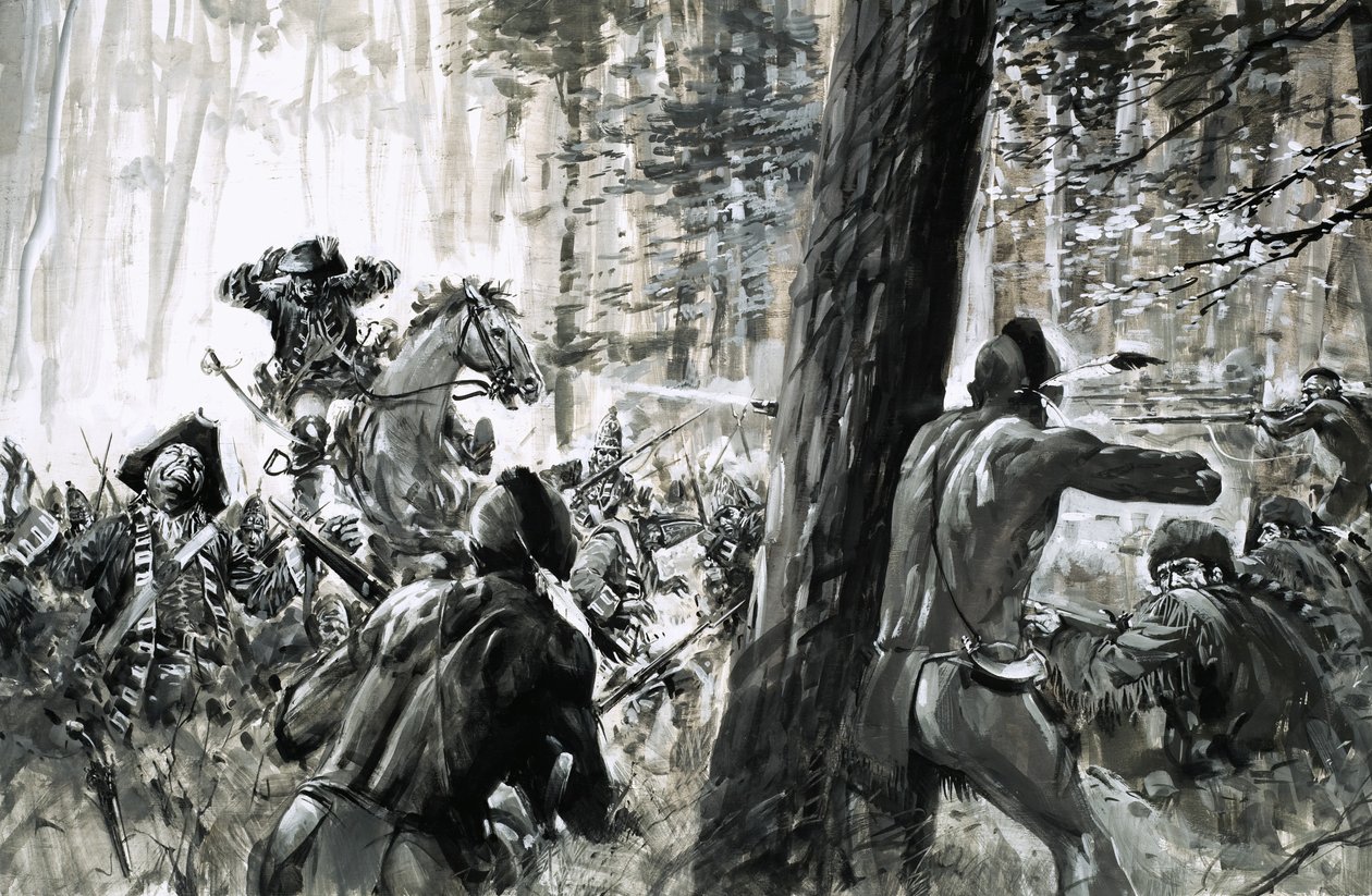 Vuonna 1765 kenraali Edward Braddock joutui ranskalaisten sotilaiden ja raivokkaiden kanadalaisintiaanien väijytykseen. tekijältä Graham Coton