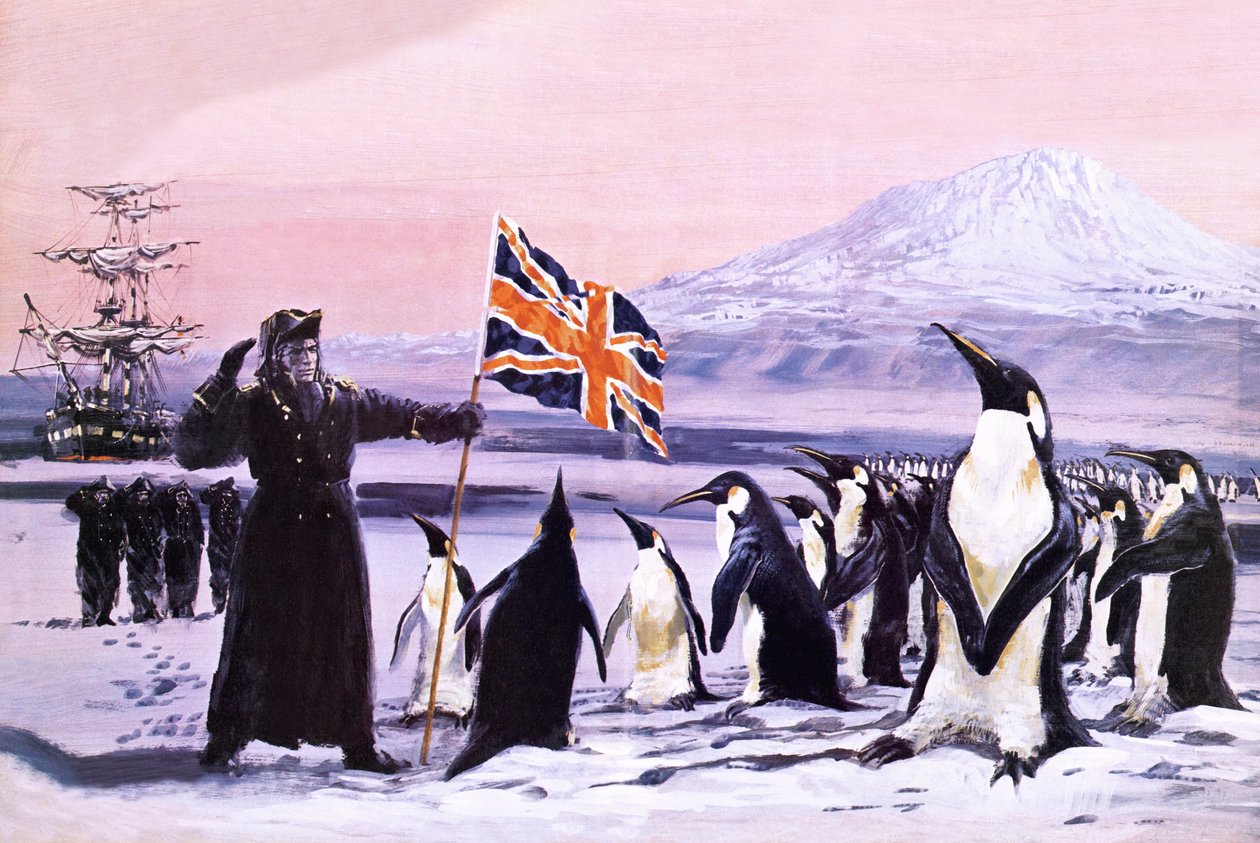 James Clark Ross istuttaa Union Jackin Etelämantereen jäähän vuonna 1840. tekijältä Graham Coton