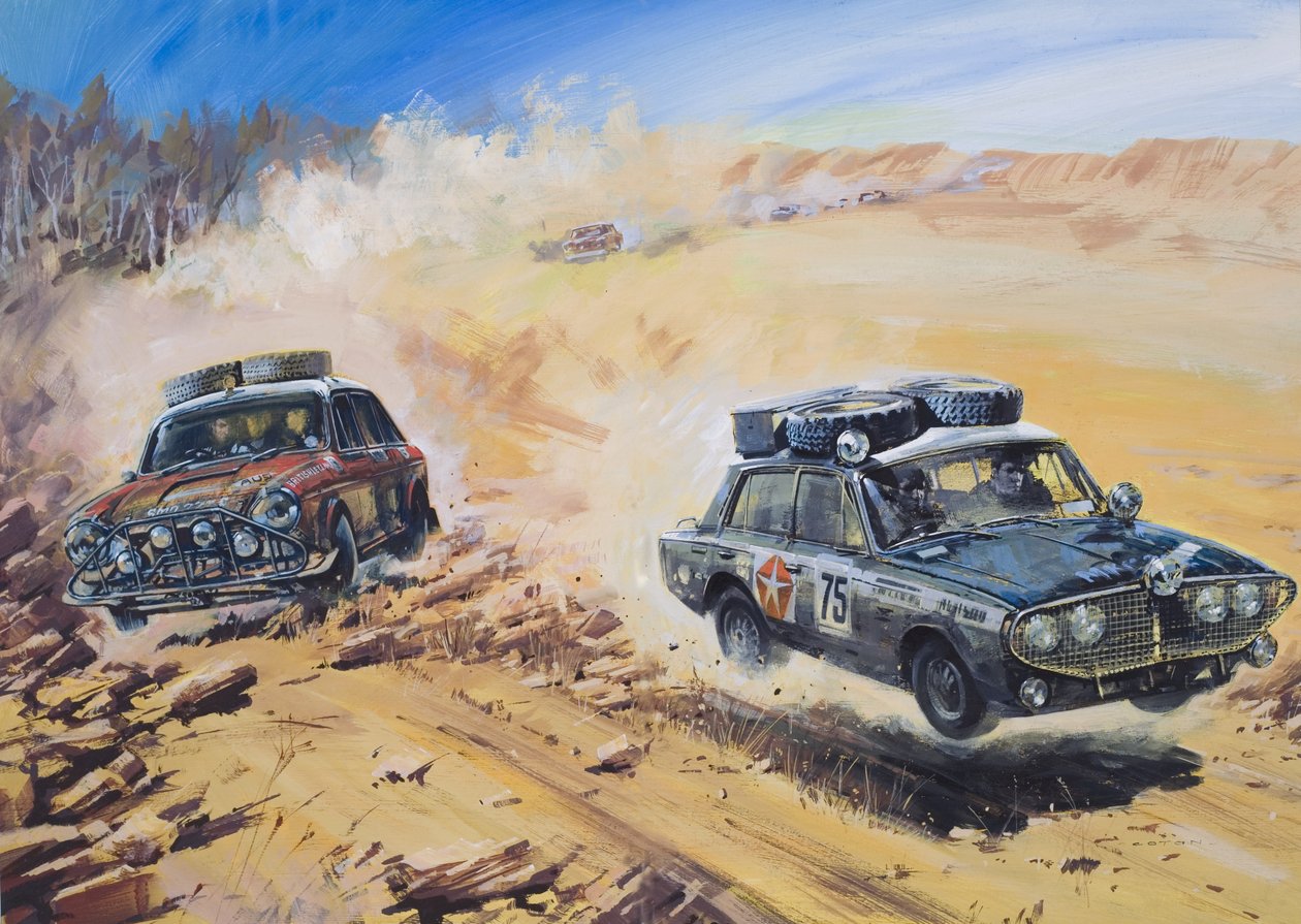 Lontoo-Sydney-moottoriralli 1968 (guassi paperille) (gouache paperille) tekijältä Graham Coton