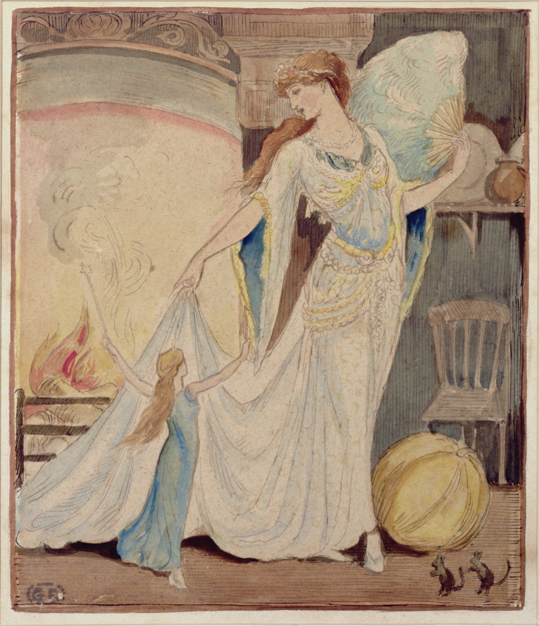 Kuvitus "The Slippers of Cinderella", n. 1919 (akvarelli, kynä ja muste paperille) tekijältä Graham Robertson