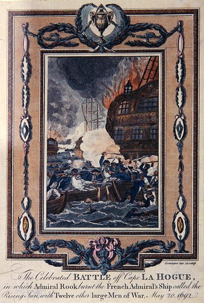 Cape La Hoguen vietetty taistelu, 20. toukokuuta 1692 (värillinen etsaus) tekijältä Grainger