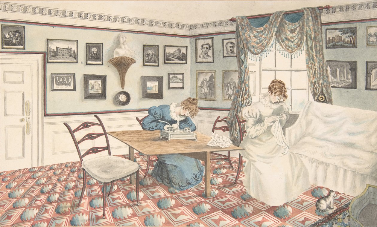 Kaksi nuorta naista kirjoittamassa ja ompelemassa sisätiloissa Hattonissa, Warwickshiressä, 1820-30. tekijältä Granddaughters of Dr. Samuel Parr.