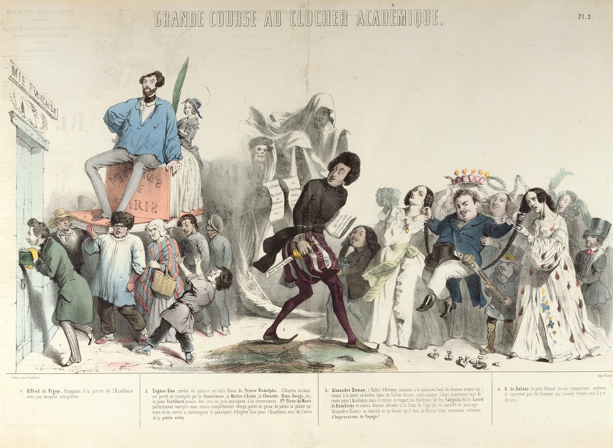 "Grande Course au Clocher Academique", karikatyyri Institut de Francesta, 1839 (katso myös 218694) (värikaiverrus) tekijältä Grandville