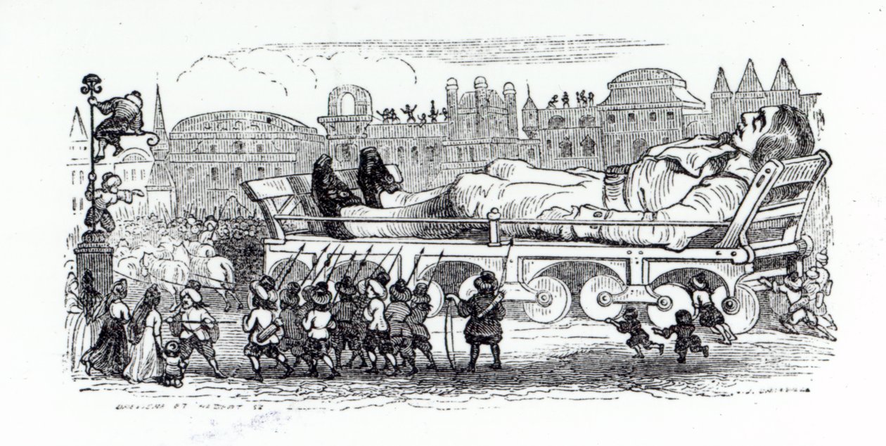 Gulliveria kuljetetaan Lilliputian pääkaupunkiin, kuva Jonathan Swiftin teoksesta "Gulliverin matkat", 1838 tekijältä Grandville