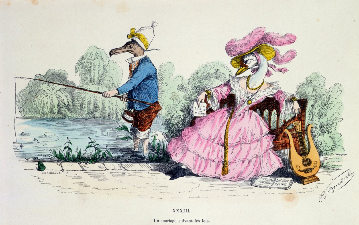 Marriage by the Book, karikatyyri Les Metamorphoses du Jour -sarjasta, uusintapainos vuonna 1854 (katso myös 213938) tekijältä Grandville